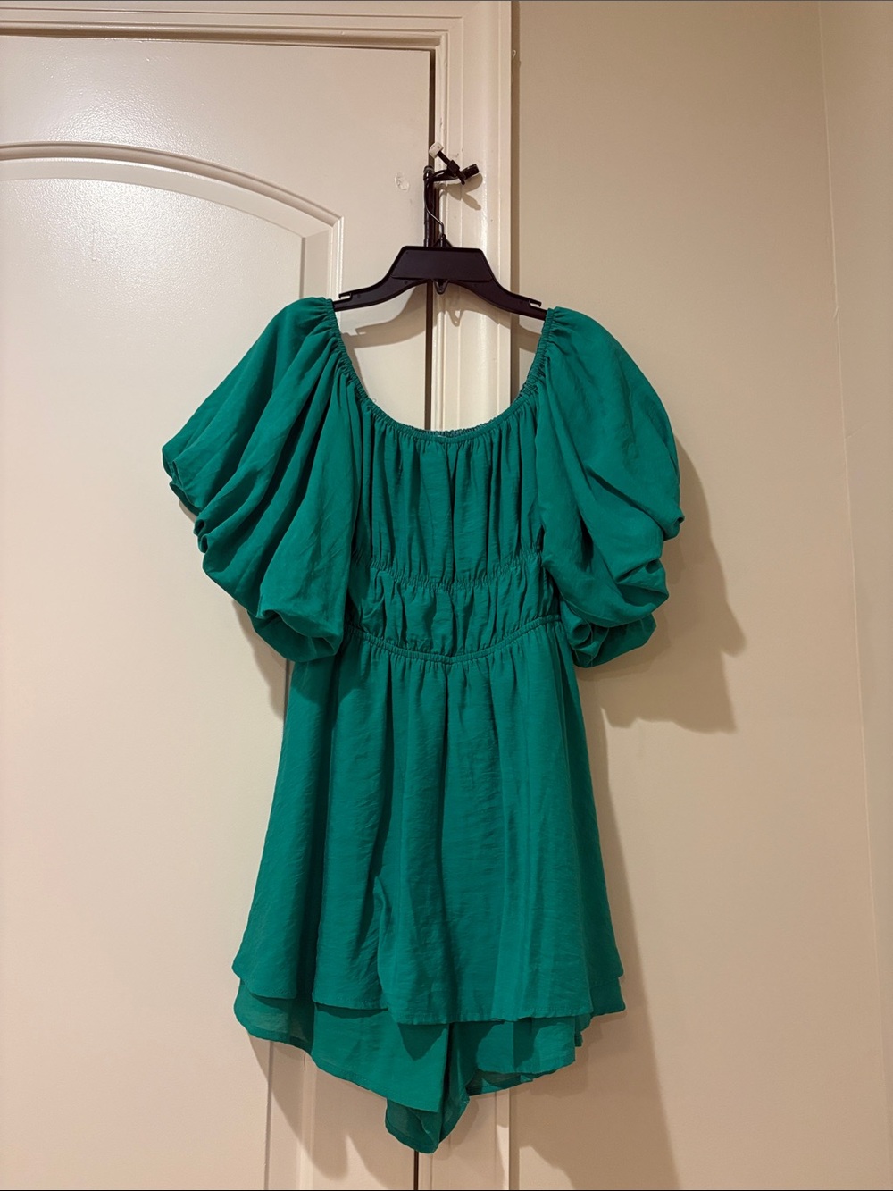 Green Tiered Romper with Puff Detail